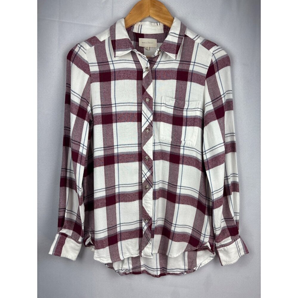 Mellóday Petite Plaid Button-Down Shirt S/P Rayon Long Sleeve